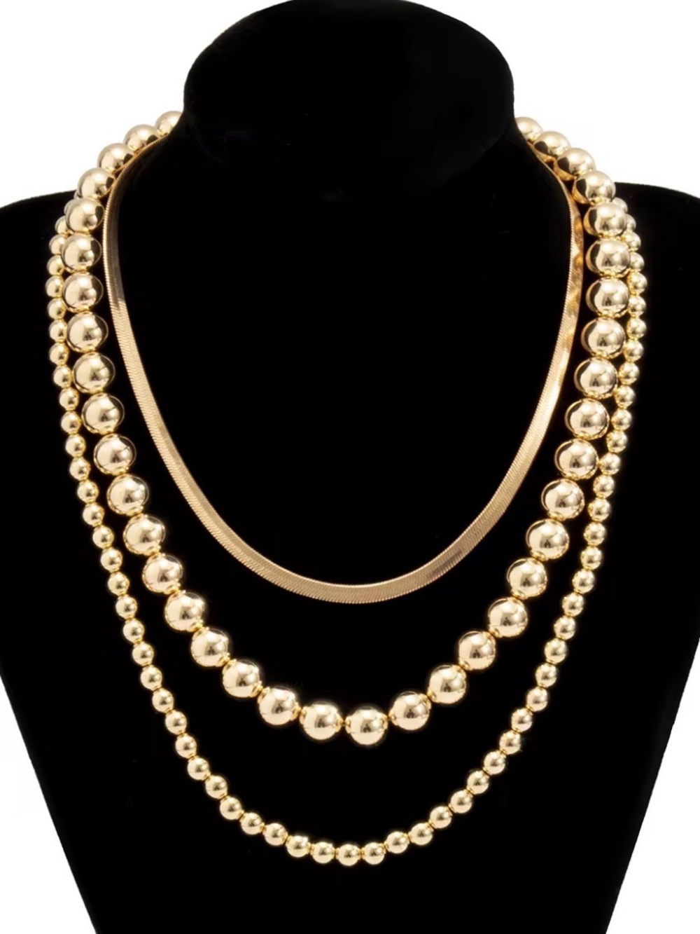 Layered Gold Bead and Herringbone Necklace Set